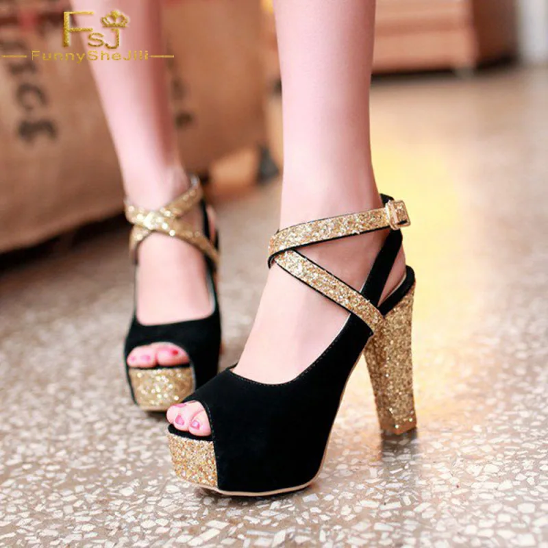 black sequin chunky heels