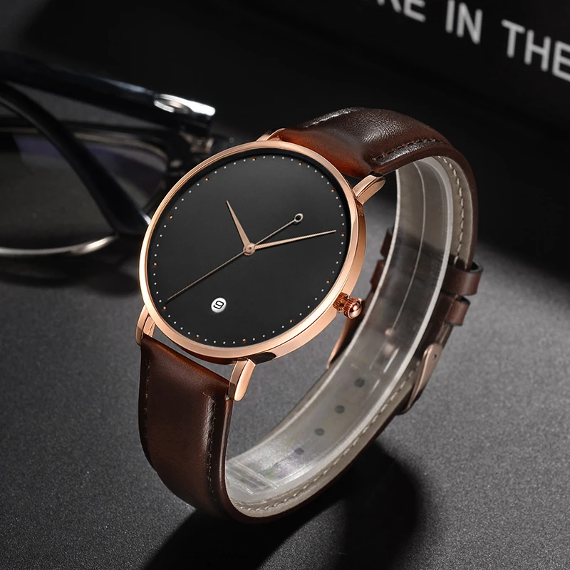 CL026  Black Rose Gold Build Brand Your Own Watch Custom Design OEM Logo Printed Watch Men Wrist Calendar Minimalist Watch 3