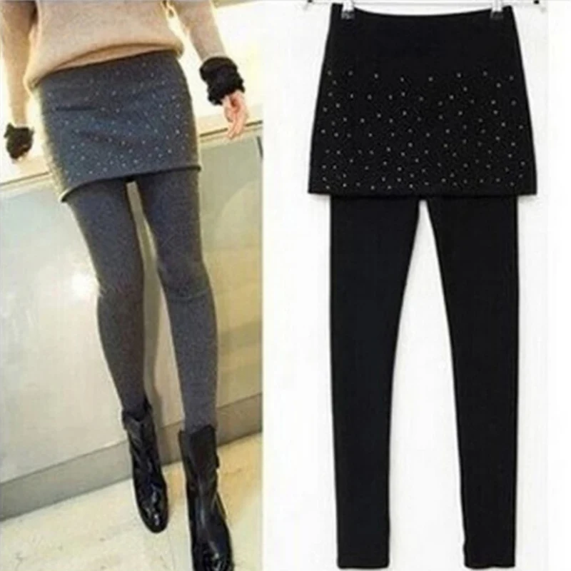 Korean False Two piece Legging Pantskirt Grey Black Women Casual