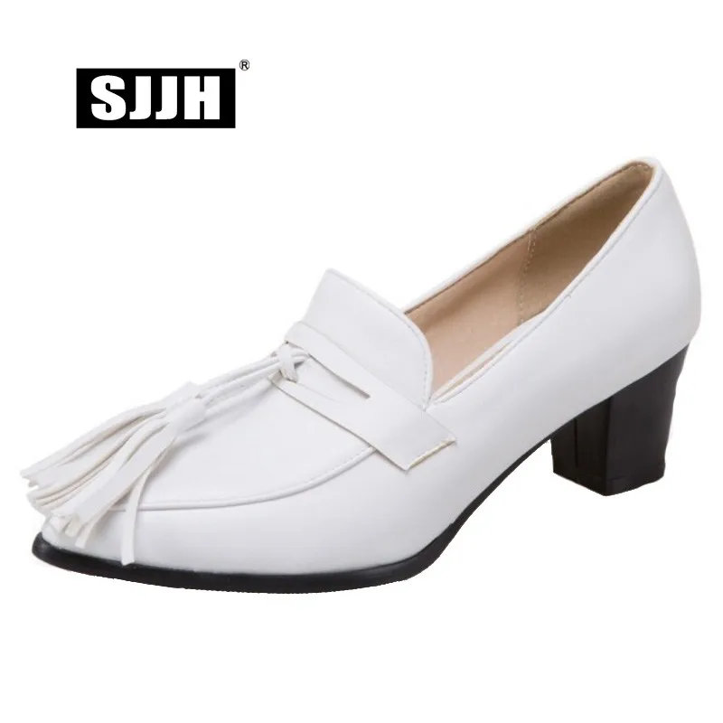 

SJJH Woman Casual Pumps with Piont Toe Chunky Heels Solid Fringe Comfort Footwear Fashion Formal Working Shoes Large Size A032