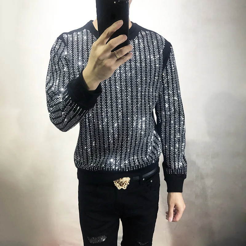 

2019 Autumn Ironing Men And Women Rhinestone Striped Round Neck Pullover Long Sleeve Shiver Sound Guard Clothes