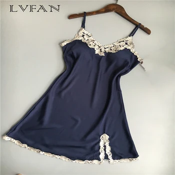 

Camisole Nightgown Female Summer Thin Embroidery Lace Ice Silk Thick Sexy Slim Look Thin Black Halter Night ARM-009
