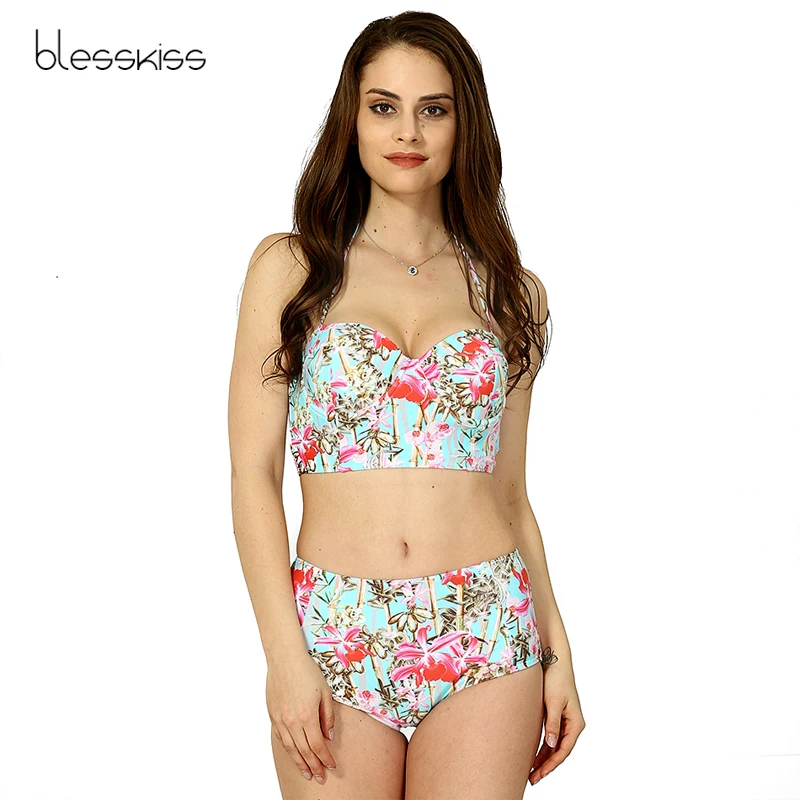 Бикини пуш ап с завышенной талией и цветочным принтом|xxl size|xxl womenxxl bathing suits |