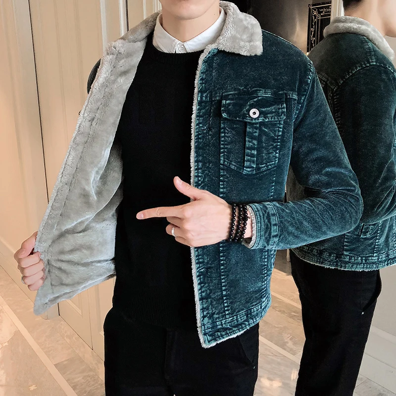 

Cotton Jacket male 2019 Winter Men's Thick Corduroy Jackets man Lamb Fur Lapel Long Sleeve Cotton Jacket male