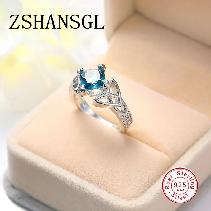 

Luxury Princess Cut Hollow-out Blue CZ Ring with Micro Paved Clear Zircon 3 Layers High Polished Women Fashion Wedding Rings