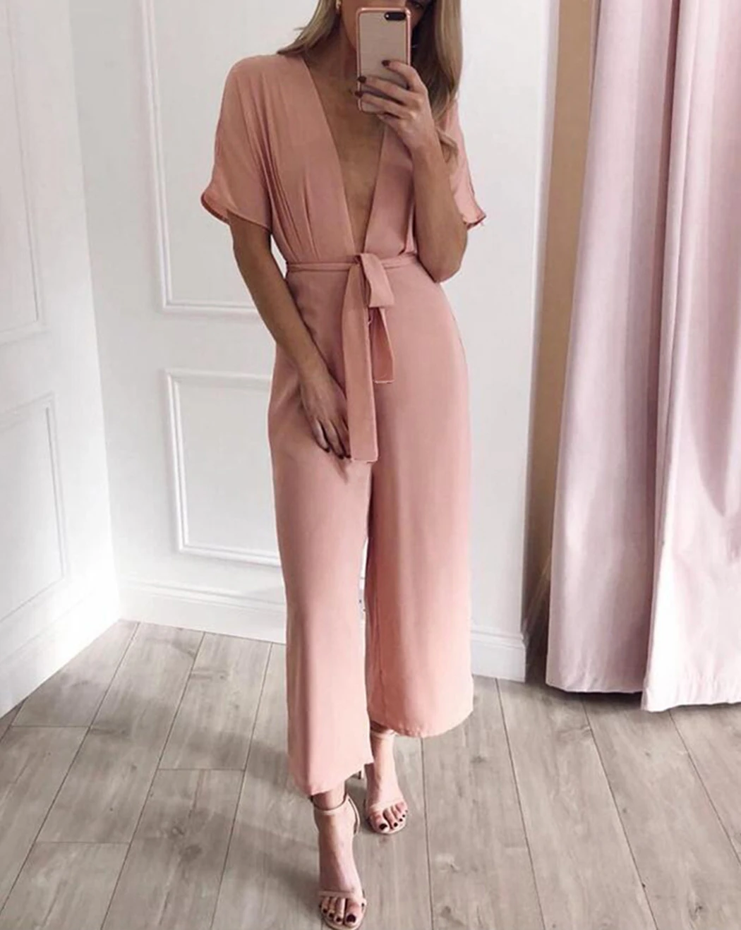 

Summer Wide Leg Pants Rompers Womens Jumpsuit Sexy Deep V-Neck Bow Lace Up Jumpsuits Elegant Office Ladies Short Sleeve Overalls