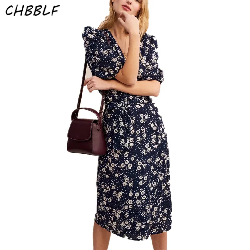 CHBBLF женское винтажное платье миди с принтом, рукав до локтя, галстук-бабочка, талия, женское шикарное Повседневное платье с запахом ASF019