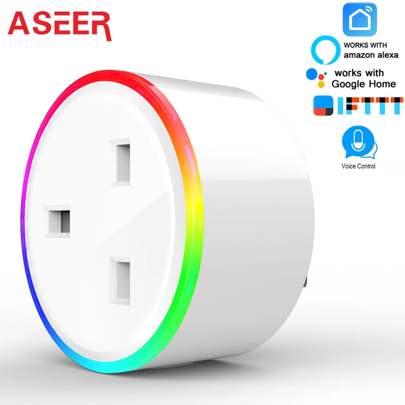 ASEER Tuya умная розетка, ЕС Wi-Fi розетка, RGB светодиодный режим сцены US mini wifi розетка, таймер разъем Alexa Google IFTTT