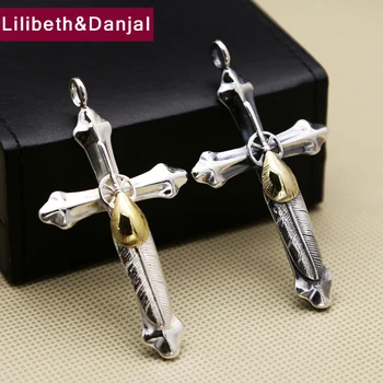 

2020 Couple Pendant 100% 925 Sterling Silver fine Jewelry Men Women Feather Cross Necklace Pendant making collier femme P23