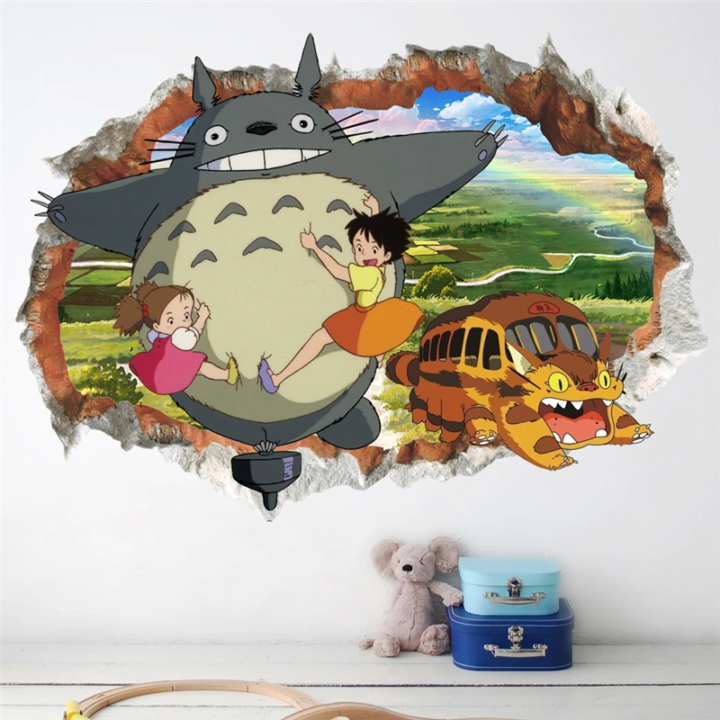 

3d Broken Hole Totoro Wall Stickers For Kids Room Decoration Cartoon Animals Mural Art Diy Home Decals Pvc Anime Movie Posters