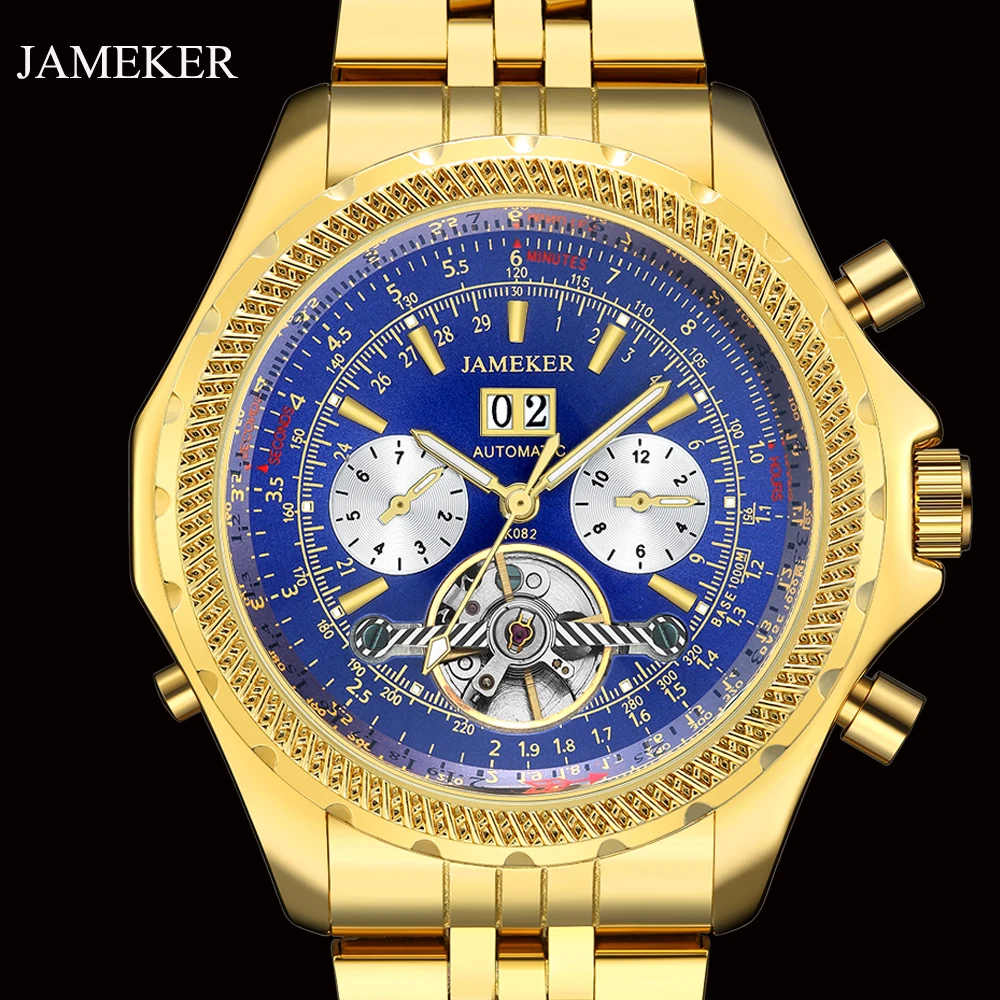 

JAMEKER 2019 Flying Series Golden Bezel Scale Dial Design Stainless Steel Mens Watch Top Brand Luxury Automatic Mechanical Watch