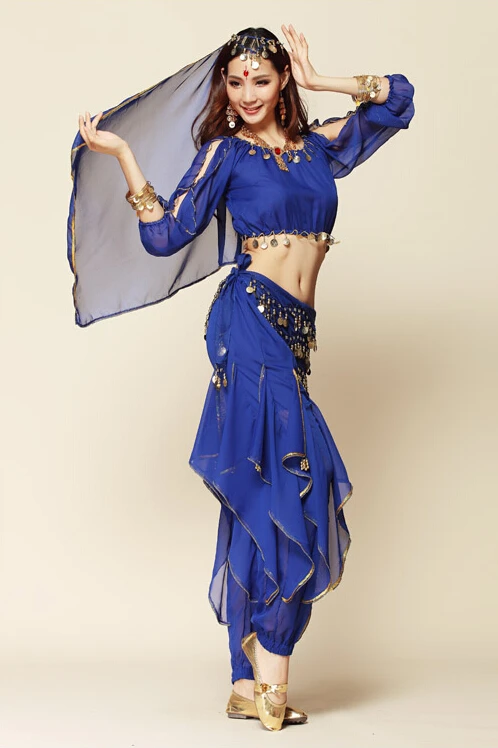 Новая стильная одежда для танца живота, костюм для танца живота, индийская танцевальная одежда, 4 шт. М/Л, длинный рукав, штаны, пояс и повязка на голову, 8 цветов