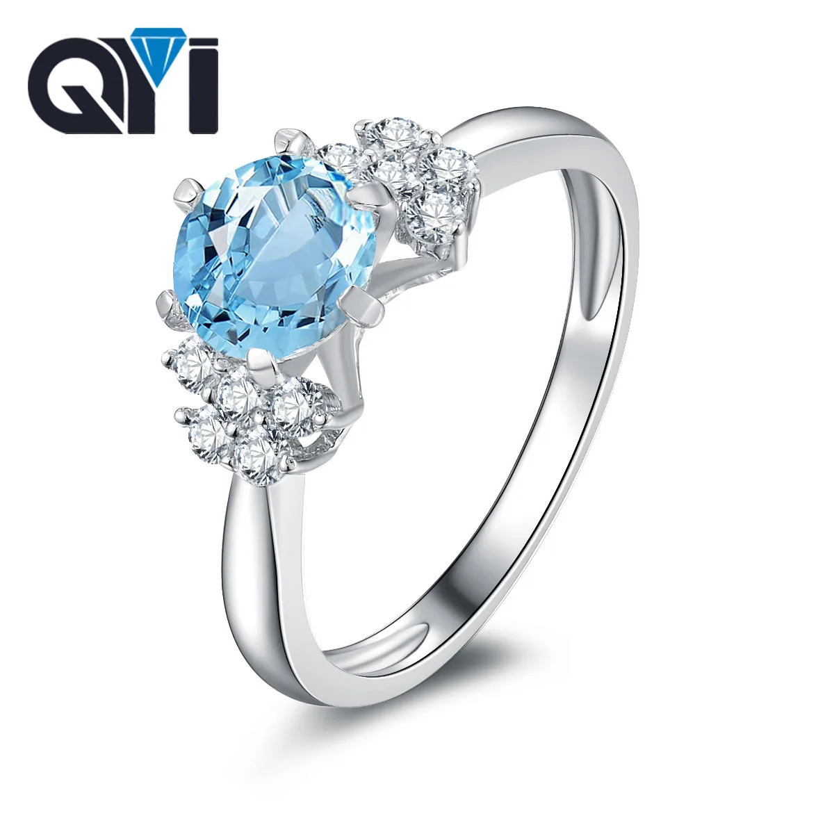 QYI Fashion 1.25 ct Natural Light Blue Topaz Ring Round Cut Gemstone