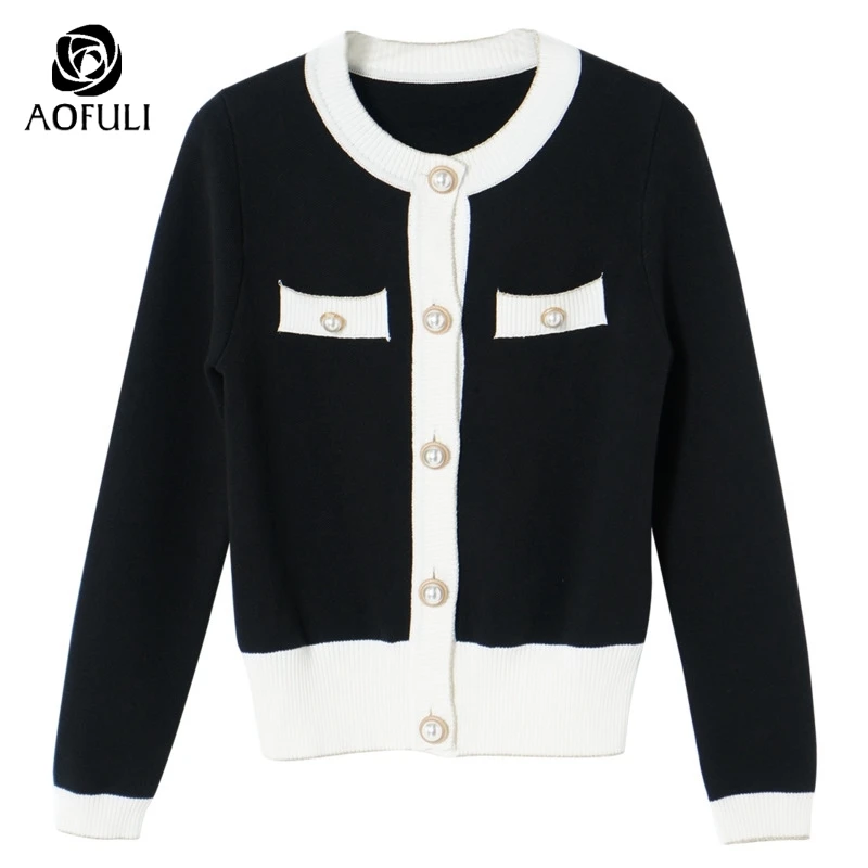 AOFULI L ~ 3xl 4xl 5xl брендовая черная трикотажная куртка женские хлопковые короткие