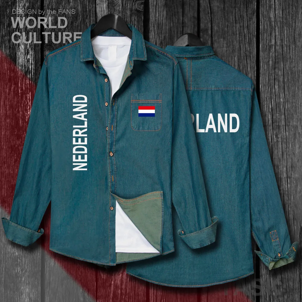 

Netherlands Low Countries Holland Dutch NLD Men Autumn Cotton Turn-down Collar Jeans Shirt Long Sleeve Cowboy Coat Flags Clothes