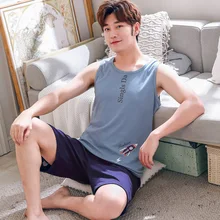 Мужская одежда для сна из чистого хлопка с буквенным принтом; летние короткие пижамы без рукавов; крутая Пижама; мужские хлопковые пижамы; пижамные комплекты