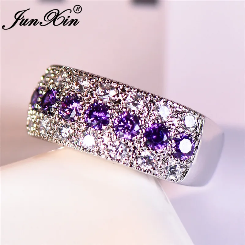 JUNXIN блестящие женские большие кольца для помолвки серебро 925 пробы белые синие Хрустальные Обручальные кольца для женщин ювелирные изделия - Цвет основного камня: Purple Ring