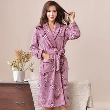 Новинка, женский халат, зимний халат, большой размер, с цветами, теплый, домашний, женский халат с кармашком, японское кимоно