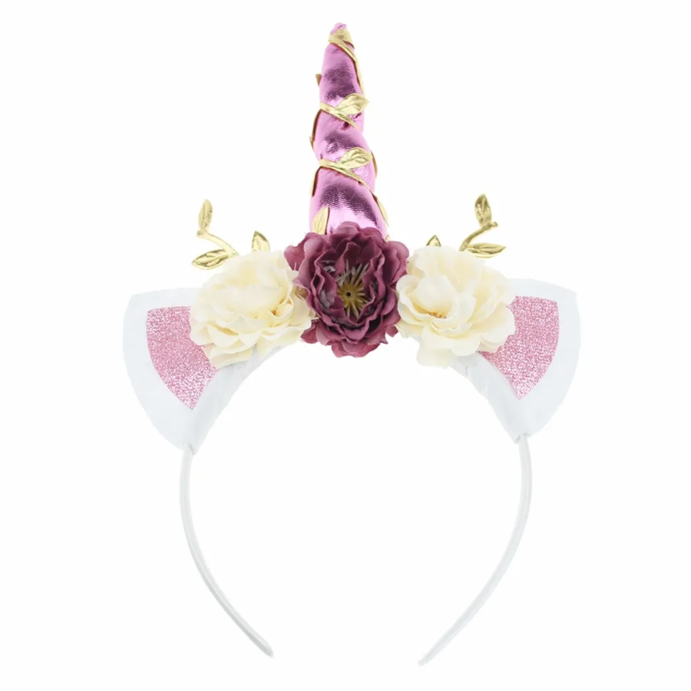 Pink Glitter Unicorn Horn Headband Girl Christmas Rose Flower Hairbands