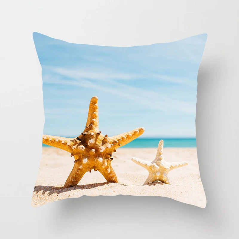 

Coastal Sea Beach Decorative Cushion Cover Starfish Shell Printed Pillowcase Throw Pillow Cover Sofa Car Square Cushion Cover