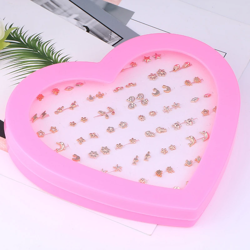 

36 Pairs/Set Cute Printing Stud Earring Set For Women Handwork Moon Star Snowflake Mini Stud Earrings Mix Set Heart Box Design