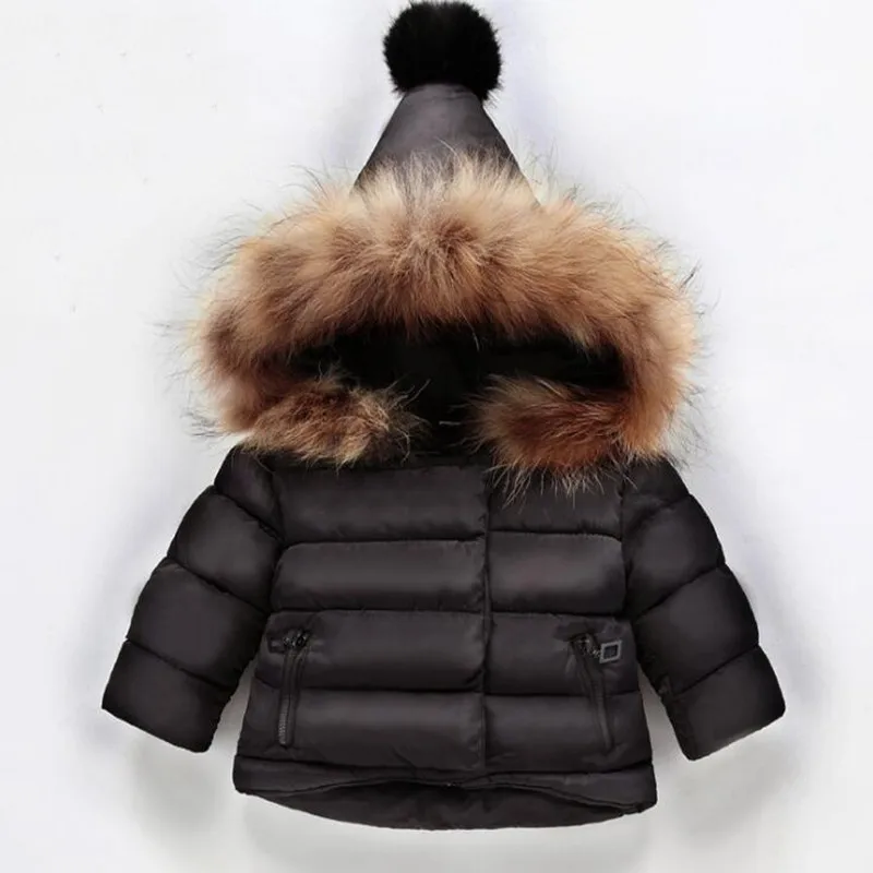 Зимнее пальто для девочек г. Новые зимние парки для маленьких девочек зимняя куртка для девочек, однотонная Детская куртка детская верхняя одежда с меховым капюшоном - Цвет: Black