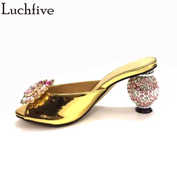 

Crystal Ball Heels Summer Slippers Diamond Peep Toe Gold Shoes Woman Slip On Sexy Ladies Shoes Sapato Feminino