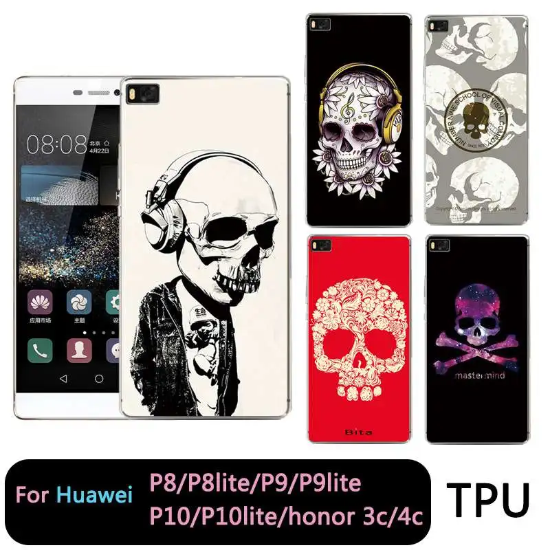 

QMSWEI TPU Phone Case For huawei P10plus honor7 8 9 Y3 5A 5C 6A 6S 3c 4c P8 P9lite Soft Skull Clear Silicone Cover Free shipping