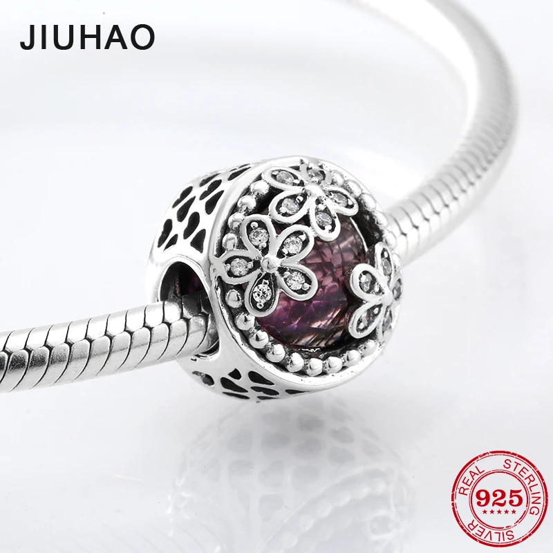 

Fashion 925 Sterling Silver hollow heart three flowers purple CZ beads Fit Original Pandora Charm Bracelet Jewelry making
