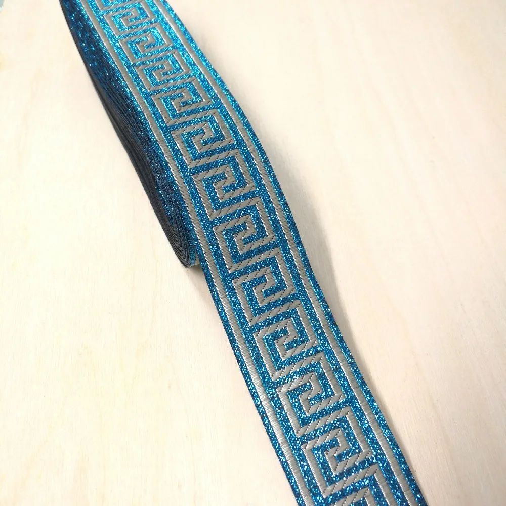 

3.3cm 33mm 1-3/8' Quality Thick Turquoise Light Beige Silver Filigree Trim Greek Key National Jacquard Ribbon Embroidery Webbing
