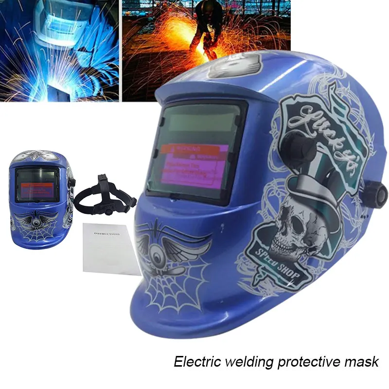 Solar Auto Darkening Blue Welding Helmet Anti-Glare Lens Sparkproof Protective Welder Mask Anti-UV Skull