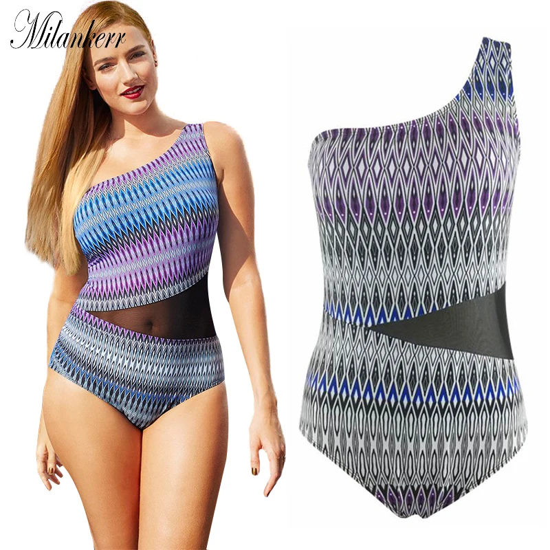 M-3XL Big Size Swimwear for Women Digital Print One piece Suit Mesh Patchwork Swimwear One Shoulder High Waist Sexy Beach Bathing Suit (5)