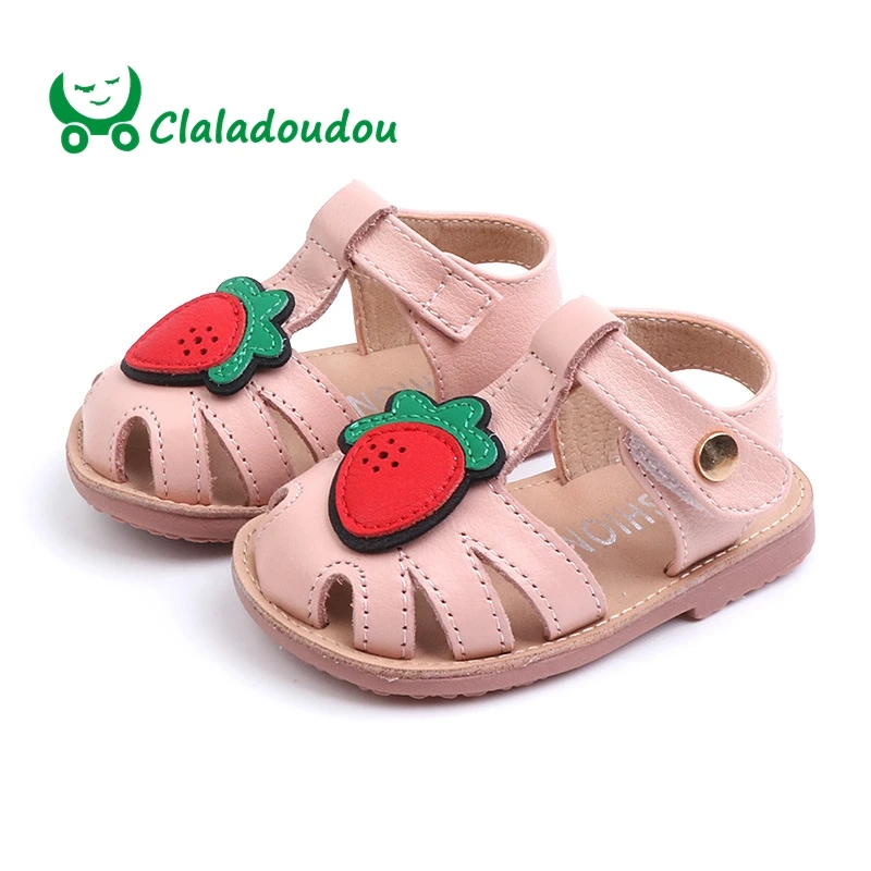 

Claladoudou 12-15.5CM Brand Genuine Leather 0-3Y Baby Girls Beach Sandals Cute Strawberry White Pink Summer Shoes Toddler Girls