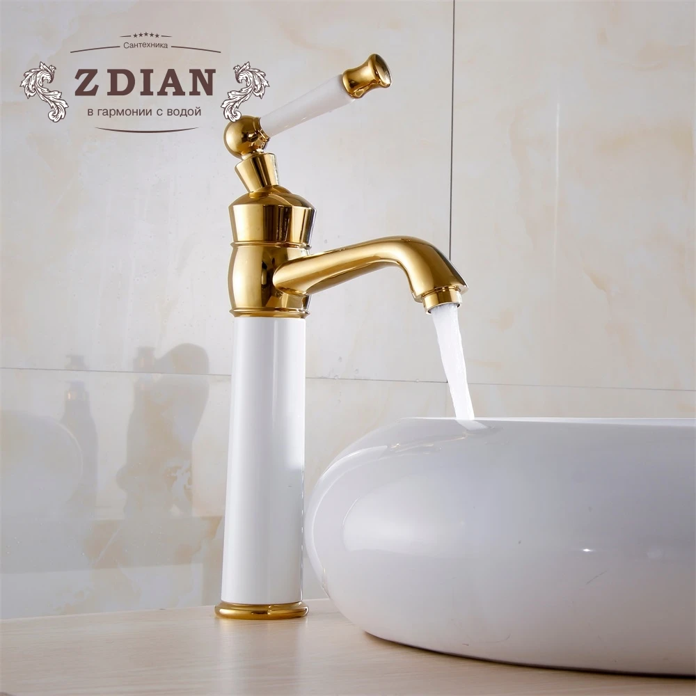 Basin Faucets Euro Gold Brass basin Faucet Luxury Tall Bathroom Basin
