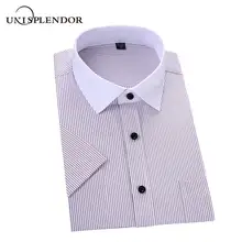 Мужские полосатые рубашки с коротким рукавом, летняя мужская рубашка, однотонная, мягкая, деловая, мужская, рабочая рубашка, Homme, хлопковая, размера плюс, рубашка YN10492