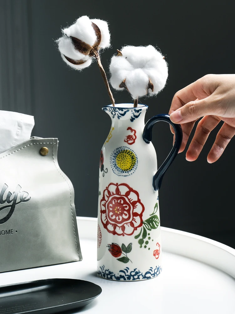 

Hand-painted Ceramic Vase With Handle Bottle Living Room Decoration Decoration Home Flower Arranger