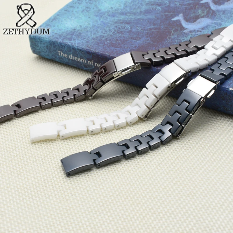 

Quality Ceramic watchstrap women's 10mm watch band white black blue brown ceramic band watch belt stainless steel buckle