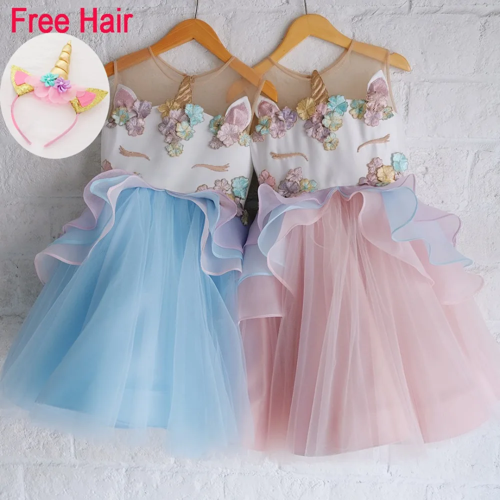 Flower Girl Unicorn Dress Tutu Princess Cosplay Costumes for Kid Birthday Party