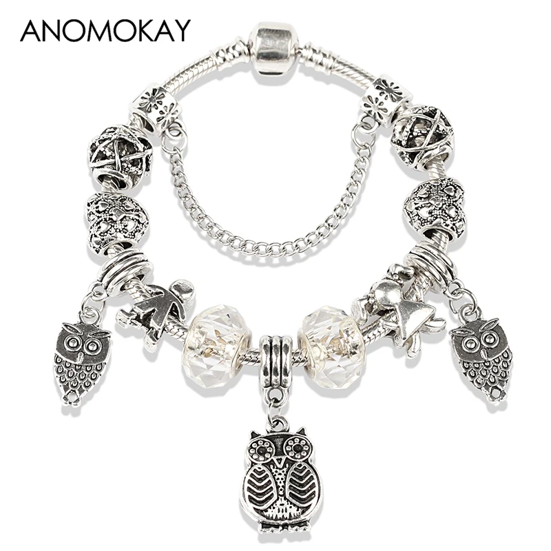 

Dropshipping Antique Silver Owl Pandora Charm Bracelets & Bangles Fashion Heart Ball Bead Bracelet Casual Diy Crytal Jewelry
