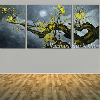

Three Panles Hand Painted Abstract Yellow Wintersweet Oil Painting On Canvas Flower Art Wall Pictures For Living Room Home Decor