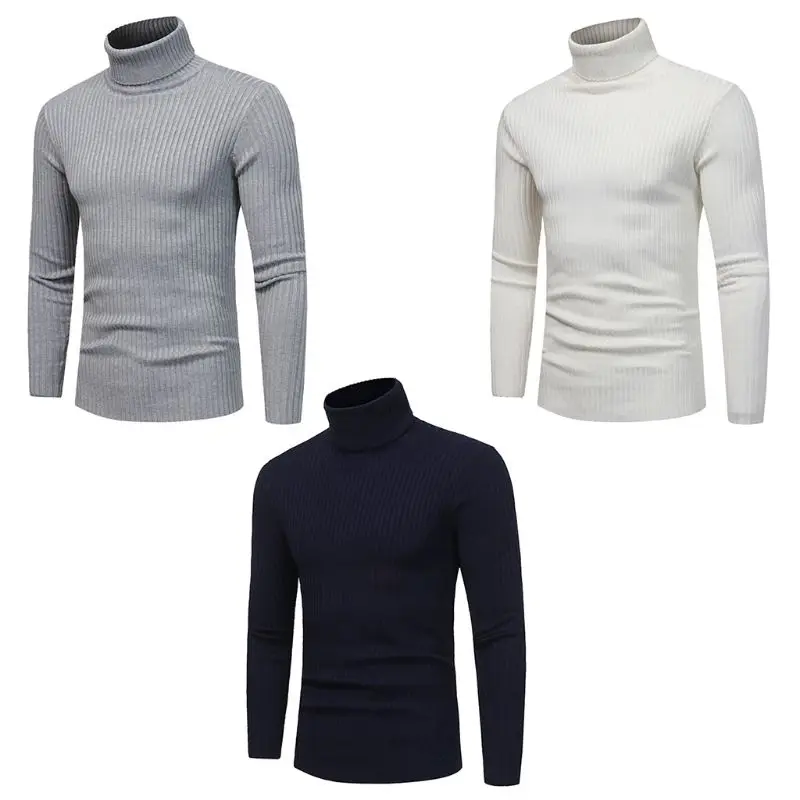 

Mens Plus Size Winter Basic Solid Color Long Sleeve Sweater Vertical Stripes Ribbed Knitted Slim Pullover Tops Turtleneck Casual