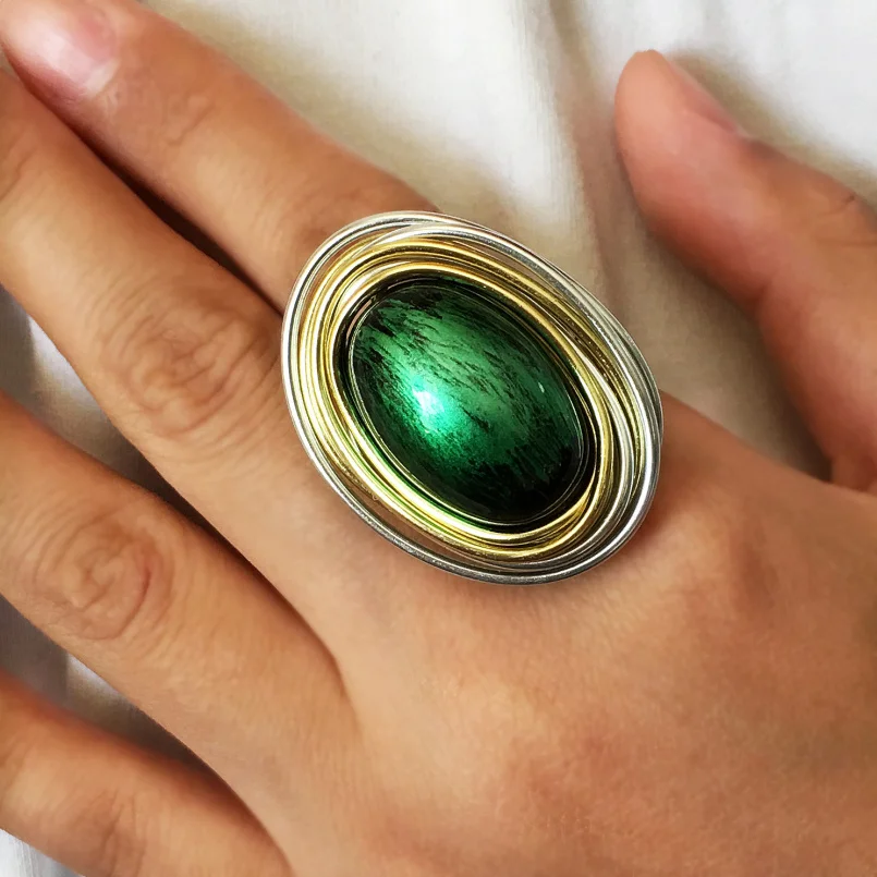 

Vintage Metal Green Acrylic Steampunk Rings For Women Fashion Handmade Wire Wrap Jewelry Statement Finger Rings UKMOC