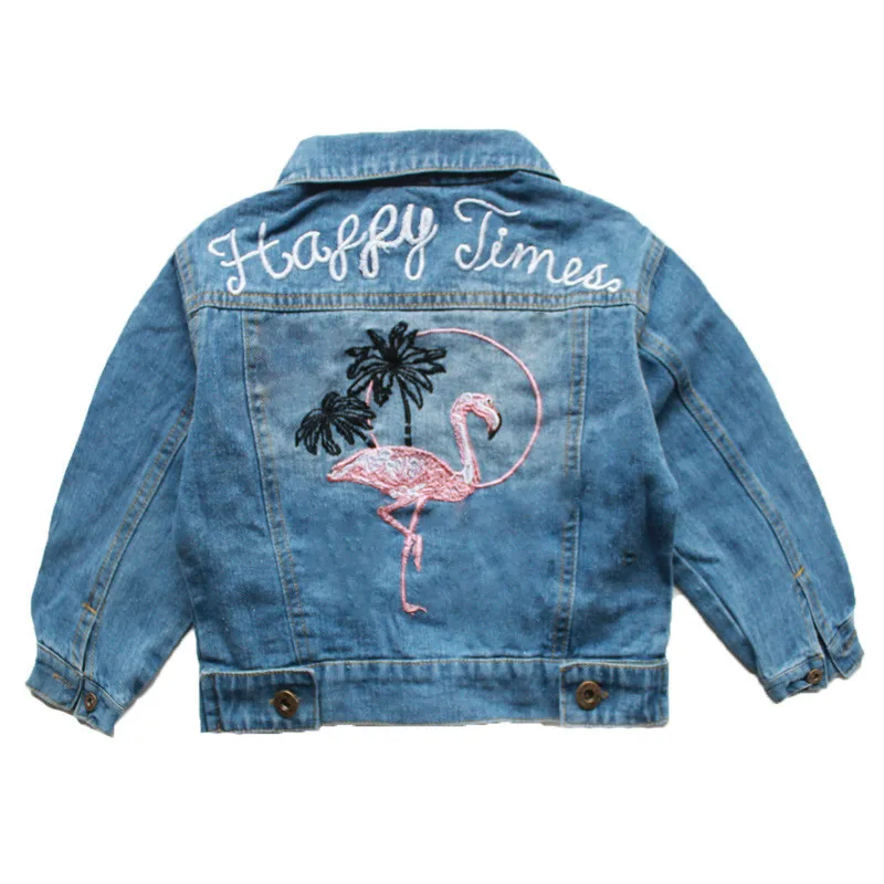 

Spring Autumn Kids Short Denim Jacket Coat Girls Fashion Back Pink Flamingos Embroidered All-match Loose Jeans Coats Overcoat