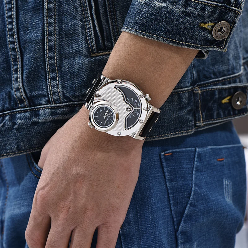 Oulm Watch Man Quartz Watches Top Brand Luxury Silver Case PU Leather Military Sport Wristwatch Two Time Zone Male Clock
