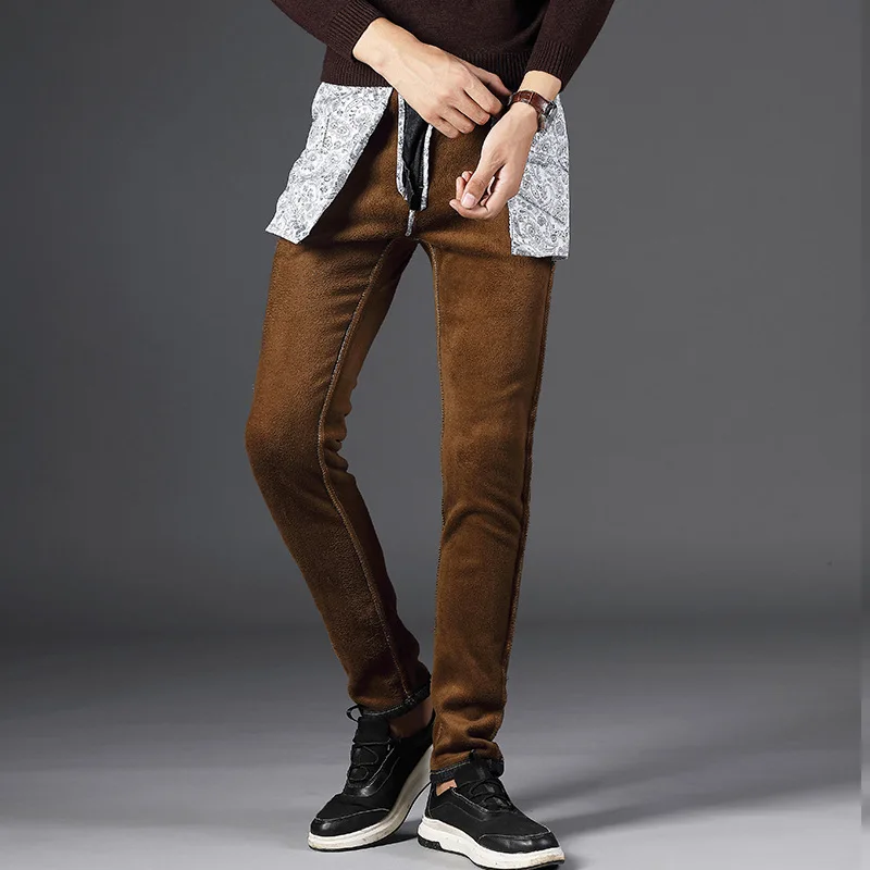 Новинка, мужские спортивные флисовые теплые джинсы, высокое качество, известный бренд, Осень-зима, теплые джинсы из флока, тянущиеся мягкие мужские джинсы