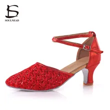 Женская обувь для взрослых Туфли для латинских танцев красные, черные обувь на пустотелом высоком каблуке 5/7 см Танцы обувь для Для женщин Бальные танго сальса Обувь для танцев