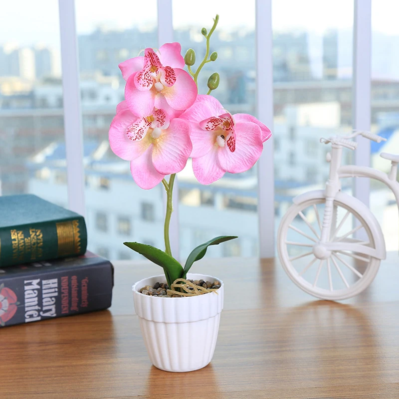 1 комплект фаленопсис горшечные искусственные цветы, орхидеи с поролоновым листом и пластиковая ваза искуственные цветы украшение для домашнего стола