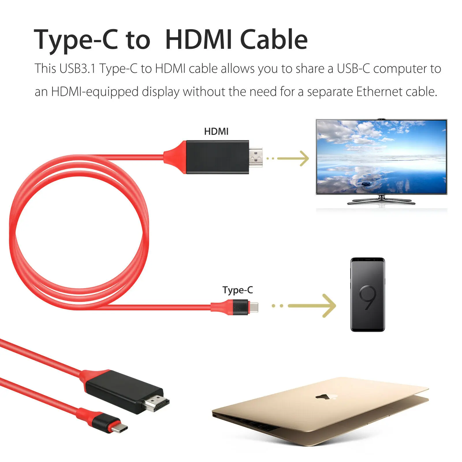 HDMI кабель 4K 2M USB 3,1 type C к HDMI кабель 30Hz HD Удлинительный конвертер USB-C для MacBook Pixel ChromeBook для samsung S8 S9 S10