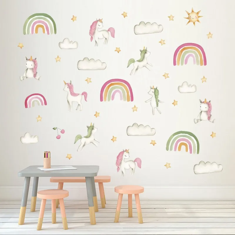 

Watercolor Unicorn and Stars Rainbow Clouds Wall Stickers Cartoon Animal Wall Decals for Kids Room Bedroom Home Decor TSB90014