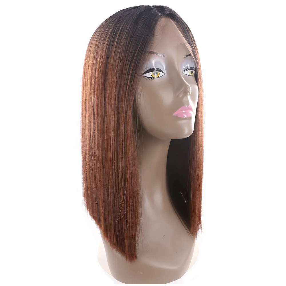 Ombre Black Blonde Red Color Yaki Straight Lace Front Wigs X-TRESS Blunt Natural Hairline Middle Part Synthetic Cosplay Lace Wig